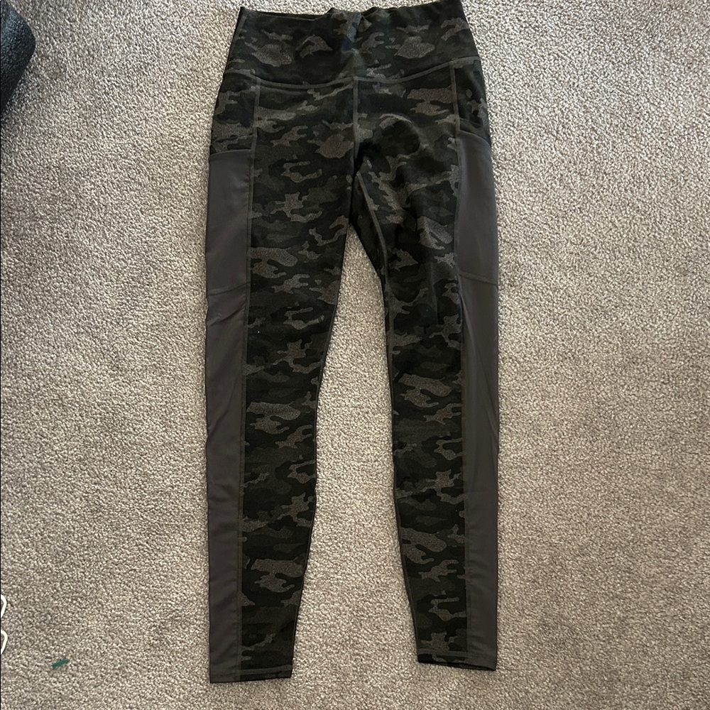 Fabletics Dark Camouflage Leggings with Gray Panels